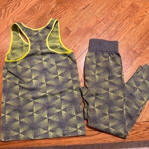 F&F Lime Green and Gray Geometric Patterned Activewear Set One Size